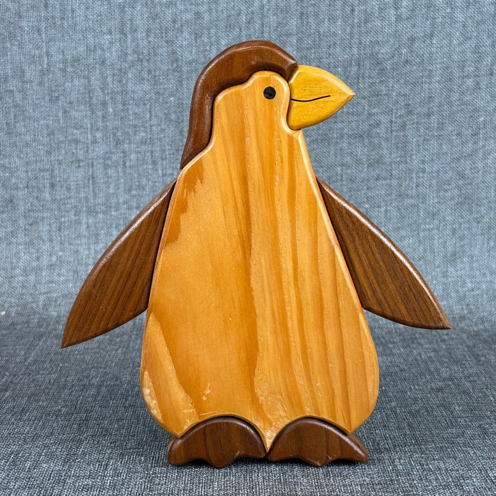 Vintage Wood Penguin Wall Hanging Art Decor Brown Tan 9"